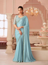 India Silk Sky Blue Sarees With Silver Chiffon Shimmer Combine Rich Silk Texture With A Delicate